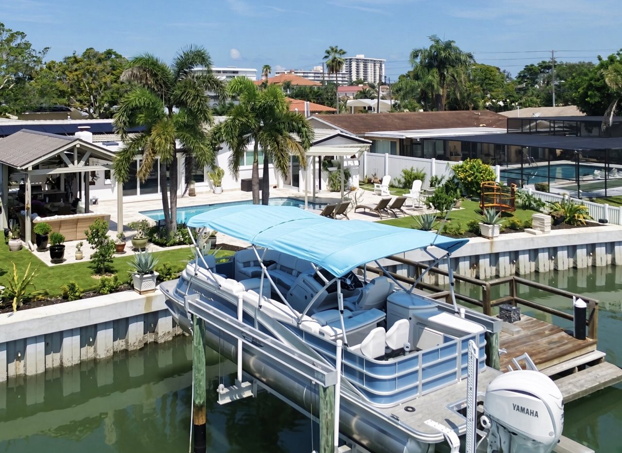 Aerial view of Ed Brusic's completed Clearwater waterfront backyard with artificial turf beside the pool and patio