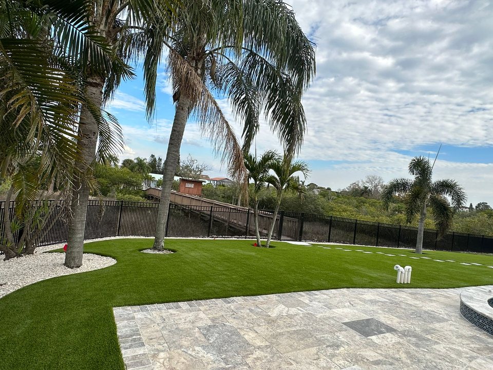 Tampa backyard artificial turf with curved landscape edging
